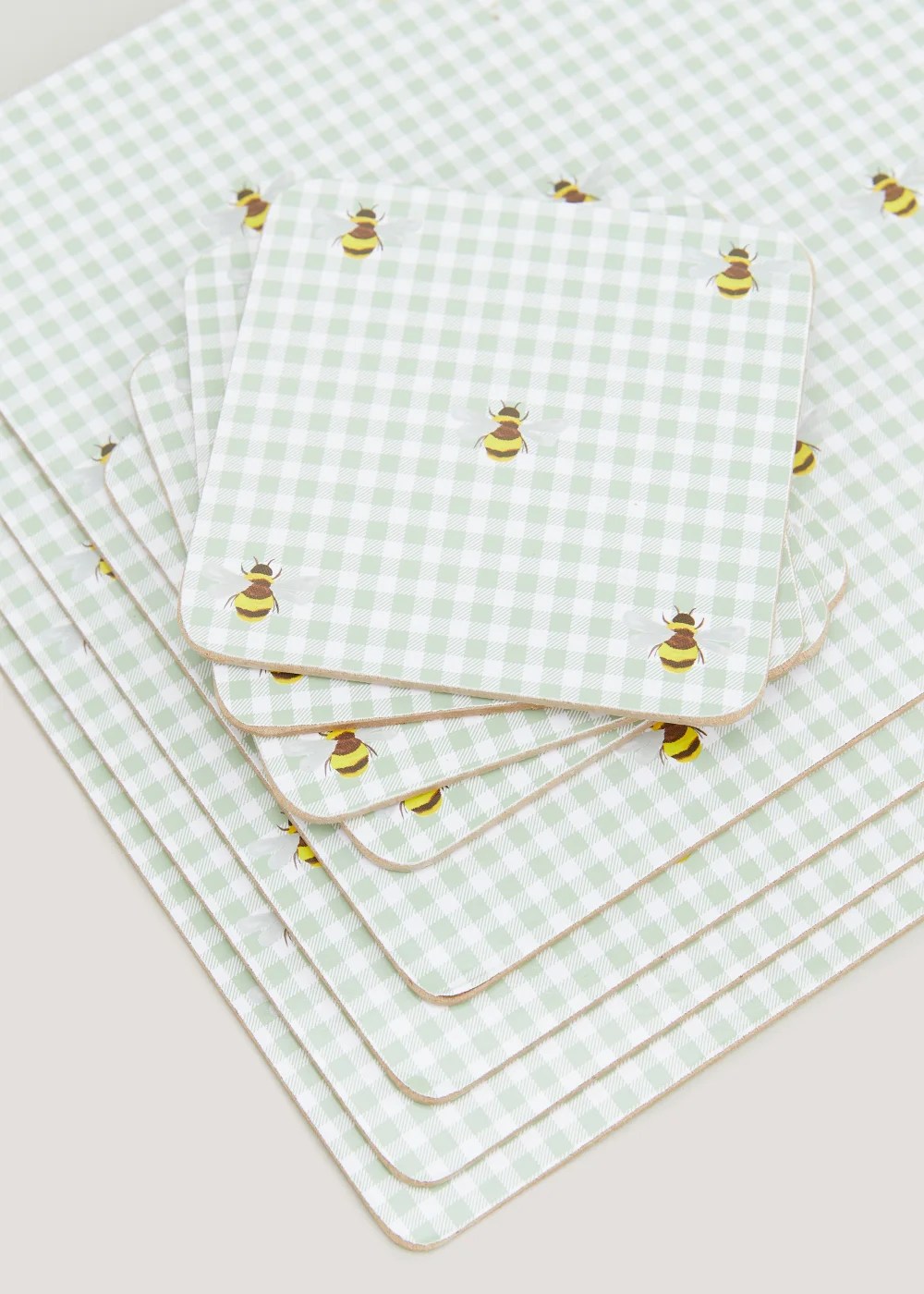 8 Pack Green Bee Gingham Print Placemat & Coaster Set Image 2