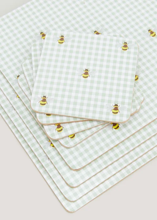 8 Pack Green Bee Gingham Print Placemat & Coaster Set Image 2