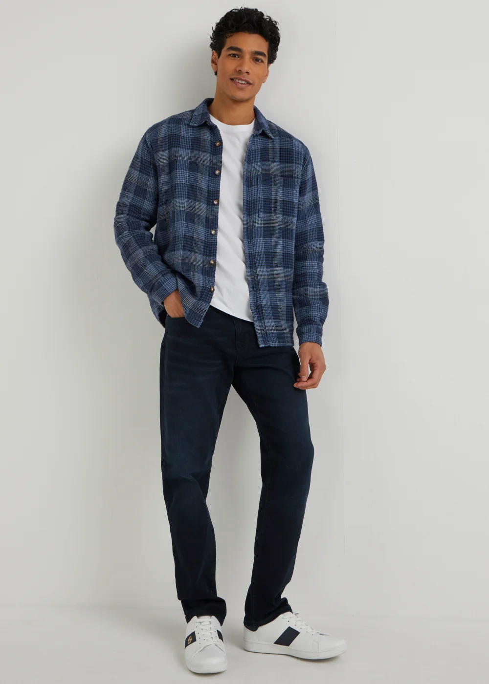 Navy Check Hoodie Overshirt - Small Image 4