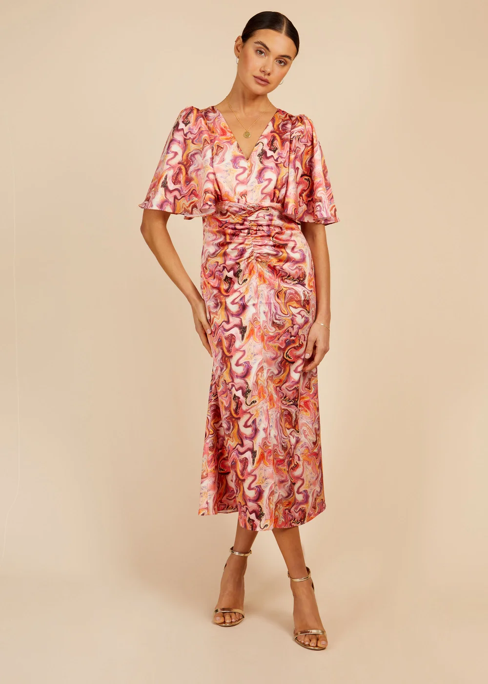 Little Mistress Marble Satin Shirred Midi Dress - 6 Image 1