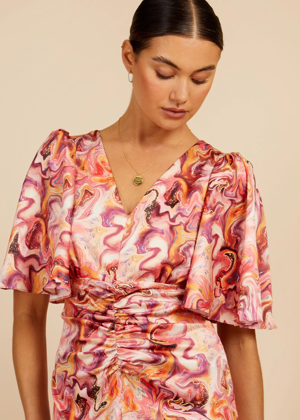 Little Mistress Marble Satin Shirred Midi Dress - 6 Image 3
