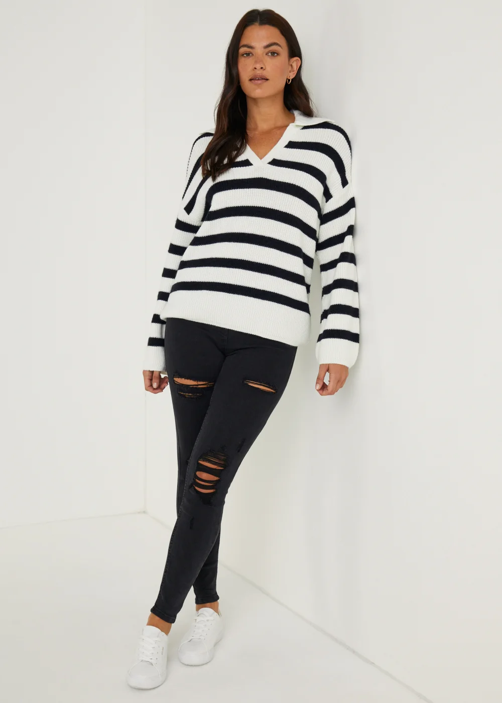Cream Stripe Collar Wide Sleeve Jumper - S Image 5