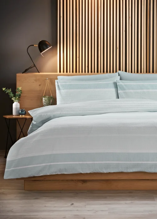 Duck Egg Seersucker Reversible Duvet Cover - Single Image 1