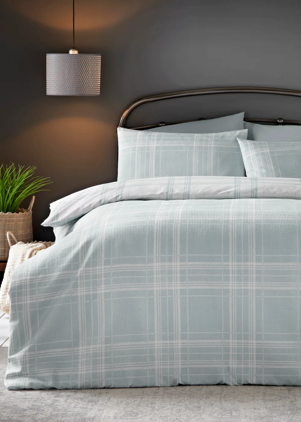 Duck Egg Check Waffle Duvet Cover - Single Image 1