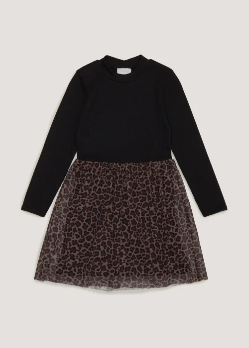 Girls Black Leopard Mesh Dress (4-13yrs) - 4 Yrs Image 1