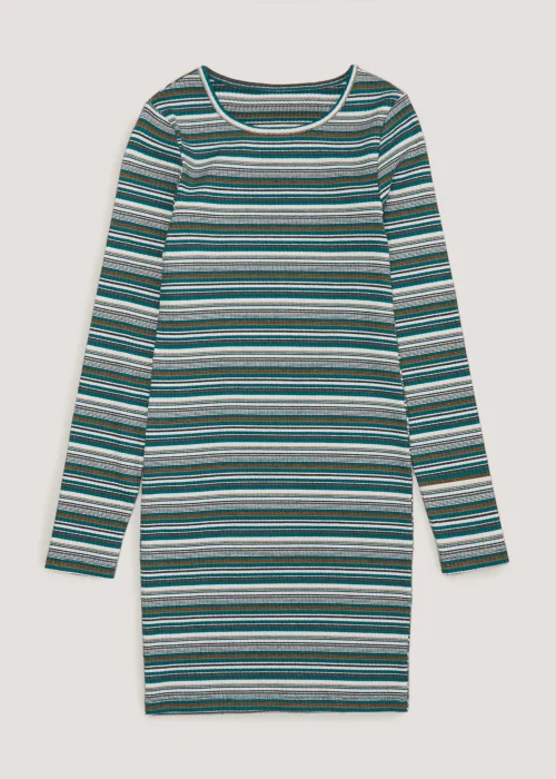 Girls Candy Couture Teal Long Sleeve Stripe Dress (9-16yrs) - 9 Yrs Image 1