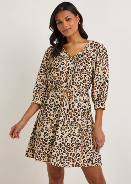 JDY Ava Beige Animal Print 3/4 Sleeve Mini Dress - 8 Image 2