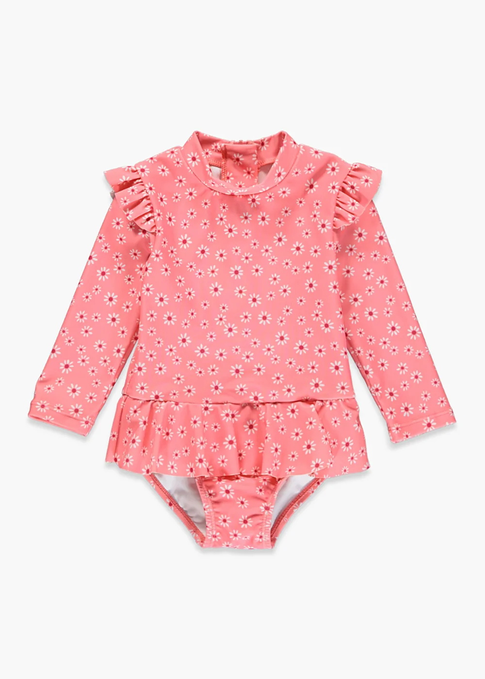 Girls Pink Floral Frill Long Sleeve Swimming Costume (3mths-6yrs) - Age 3 - 6 Months Image 1
