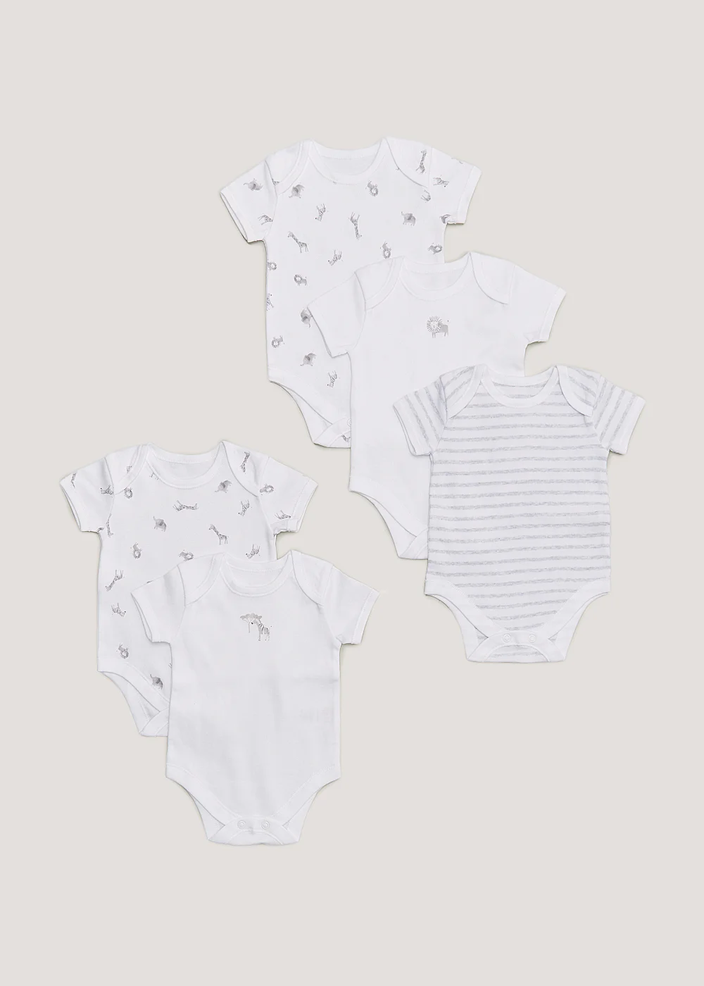 Baby 5 Pack White Safari Bodysuits (Newborn-23mths) - 0-3 months Image 1