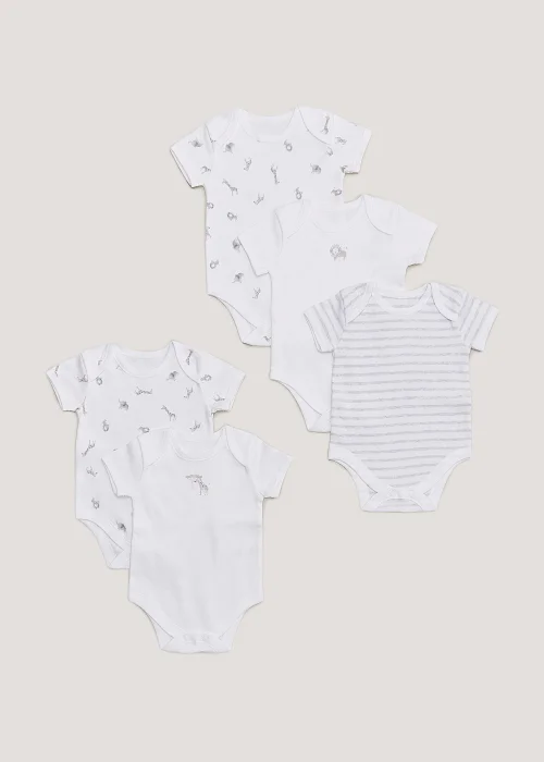 Baby 5 Pack White Safari Bodysuits (Newborn-23mths) - 0-3 months Image 1
