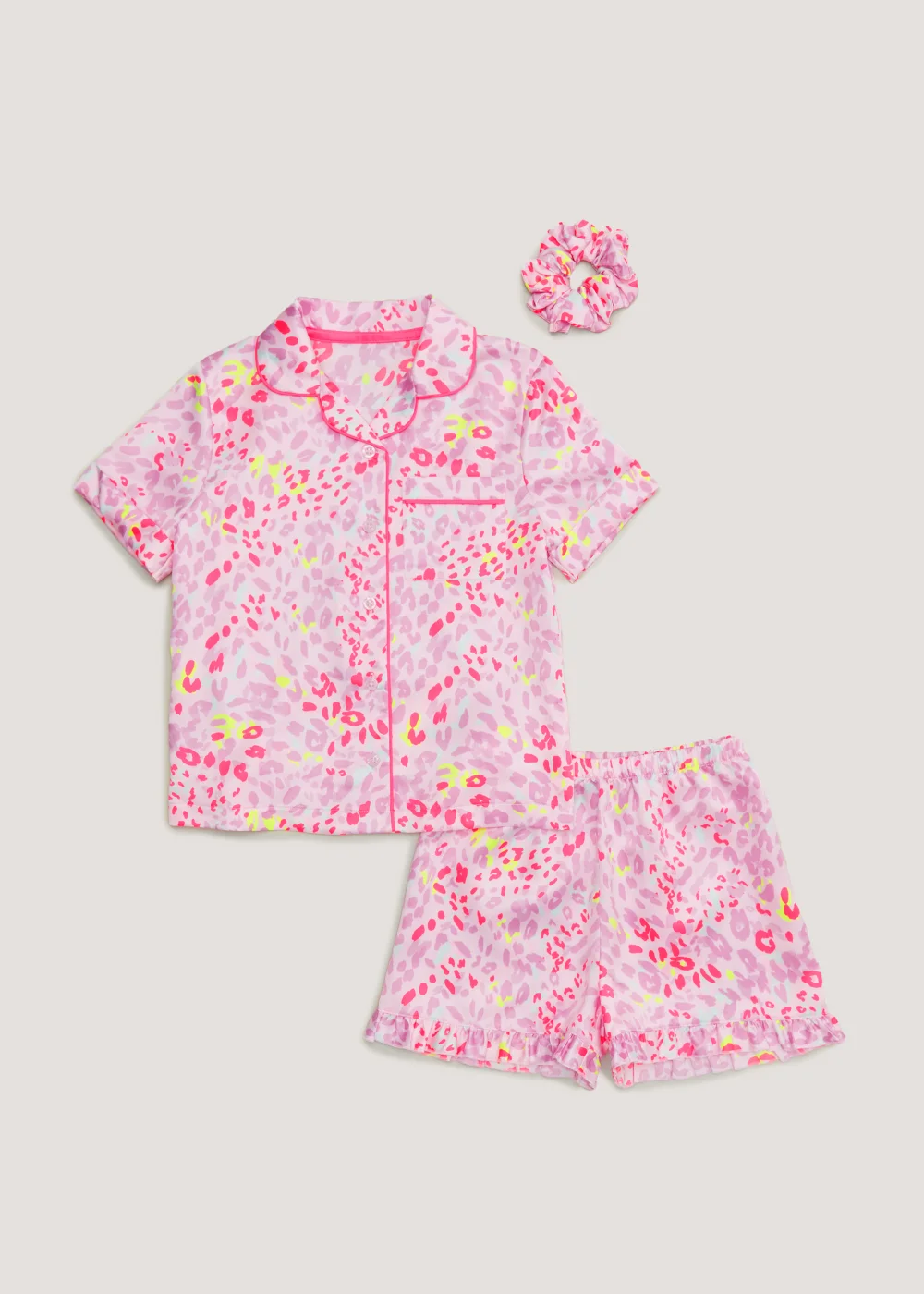 Girls Pink Leopard Satin Button Up Pyjama & Scrunchie Set (4-13yrs) - Age 8 Years Image 1