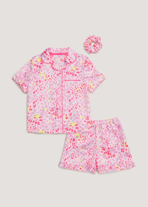 Girls Pink Leopard Satin Button Up Pyjama & Scrunchie Set (4-13yrs) - Age 8 Years Image 1