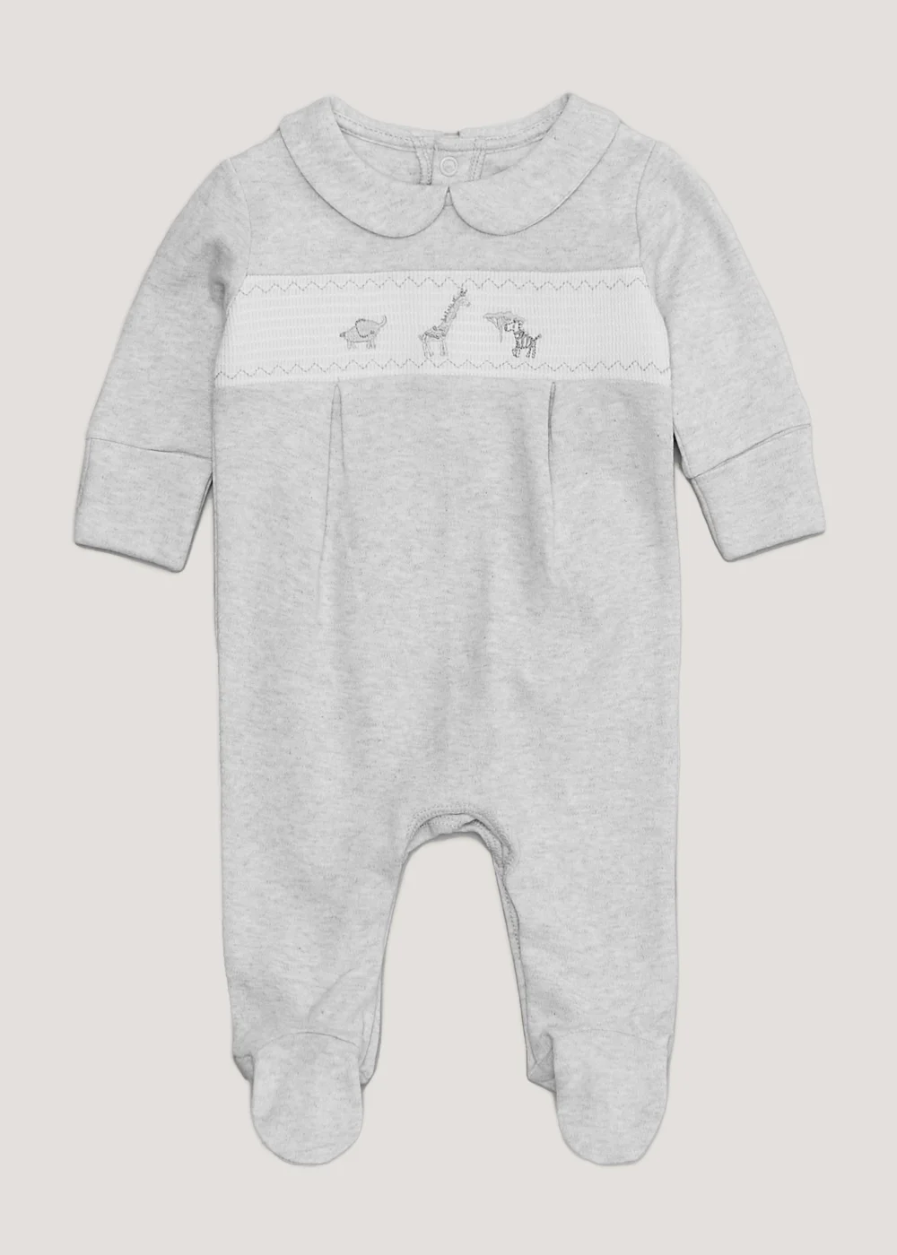 Baby Grey Safari Smocked Sleepsuit (Tiny Baby-12mths) - Tiny Baby Image 1