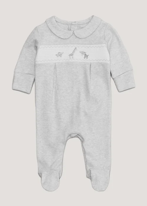 Baby Grey Safari Smocked Sleepsuit (Tiny Baby-12mths) - Tiny Baby Image 1