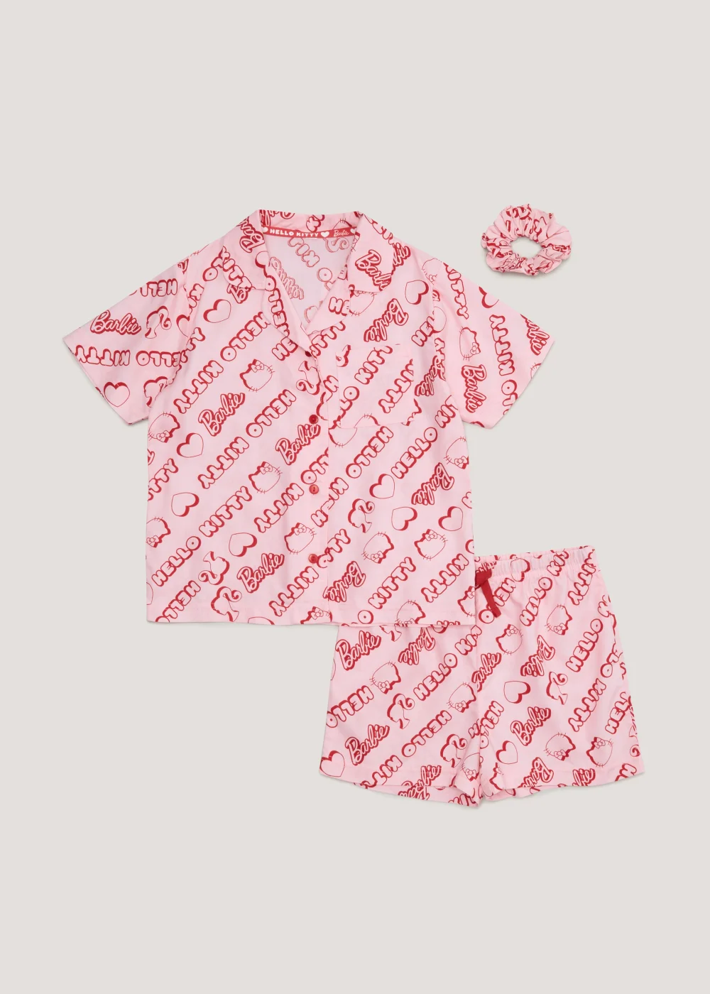 Kids Pink Barbie & Hello Kitty Button Up Pyjama & Scrunchie Set (5-10yrs) - Age 8 Years Image 1