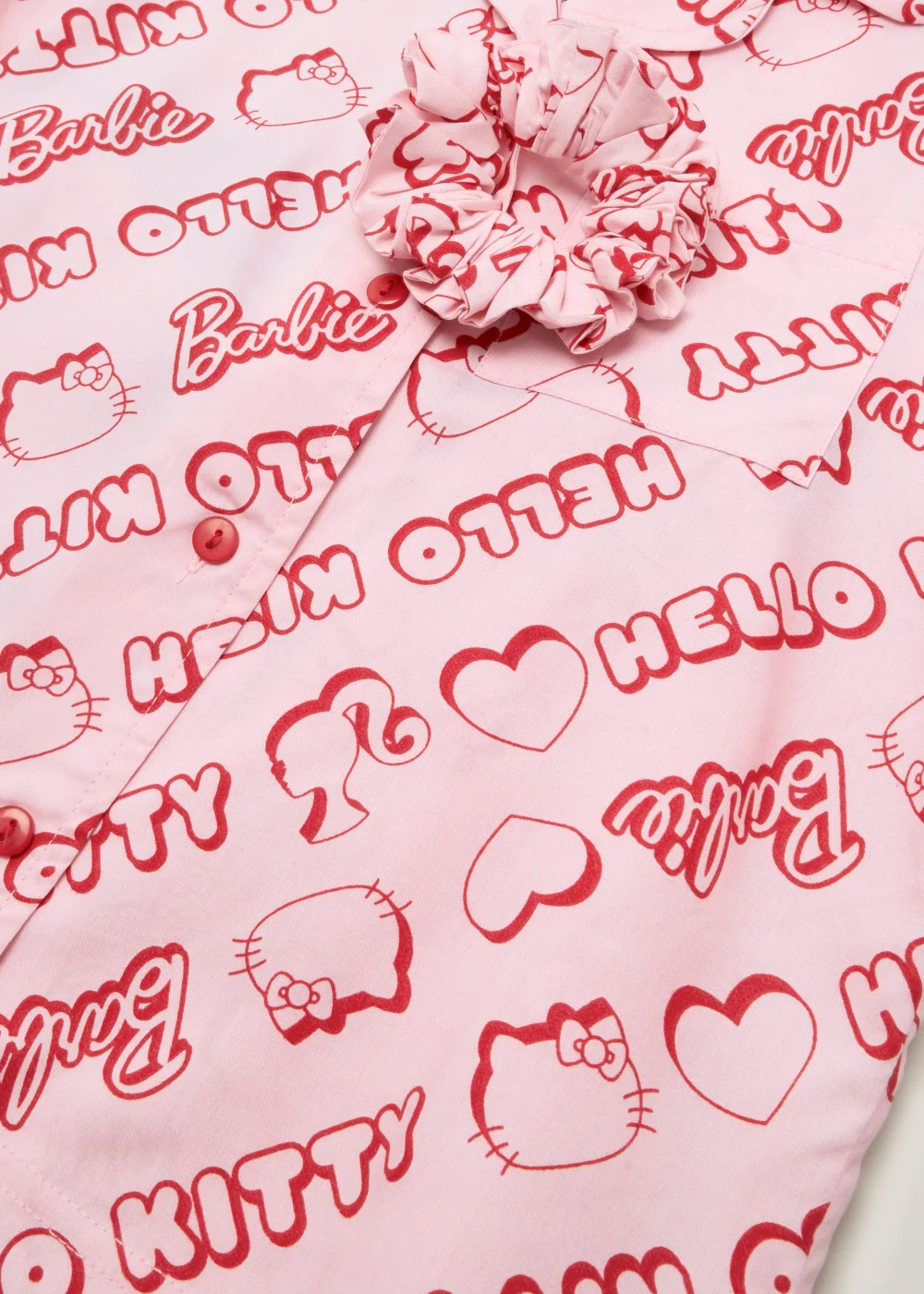 Kids Pink Barbie & Hello Kitty Button Up Pyjama & Scrunchie Set (5-10yrs) - Age 8 Years Image 2