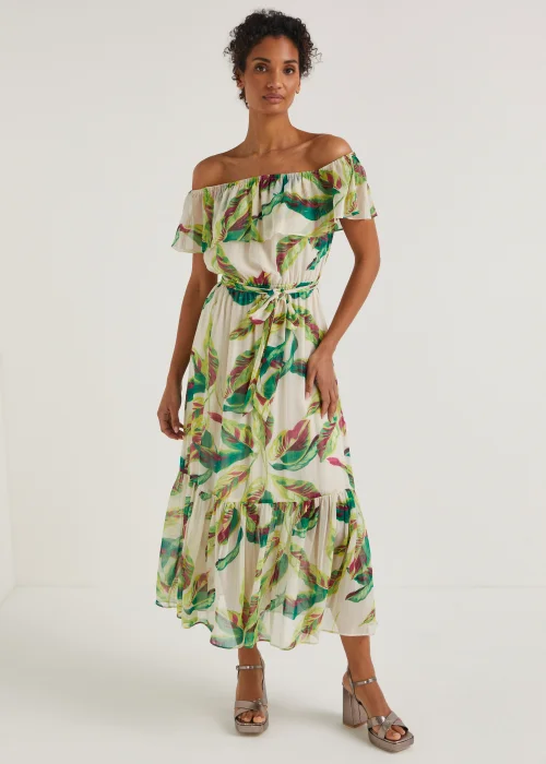 Et Vous Ivory Leaf Print Bardot Maxi Dress - 8 Image 1
