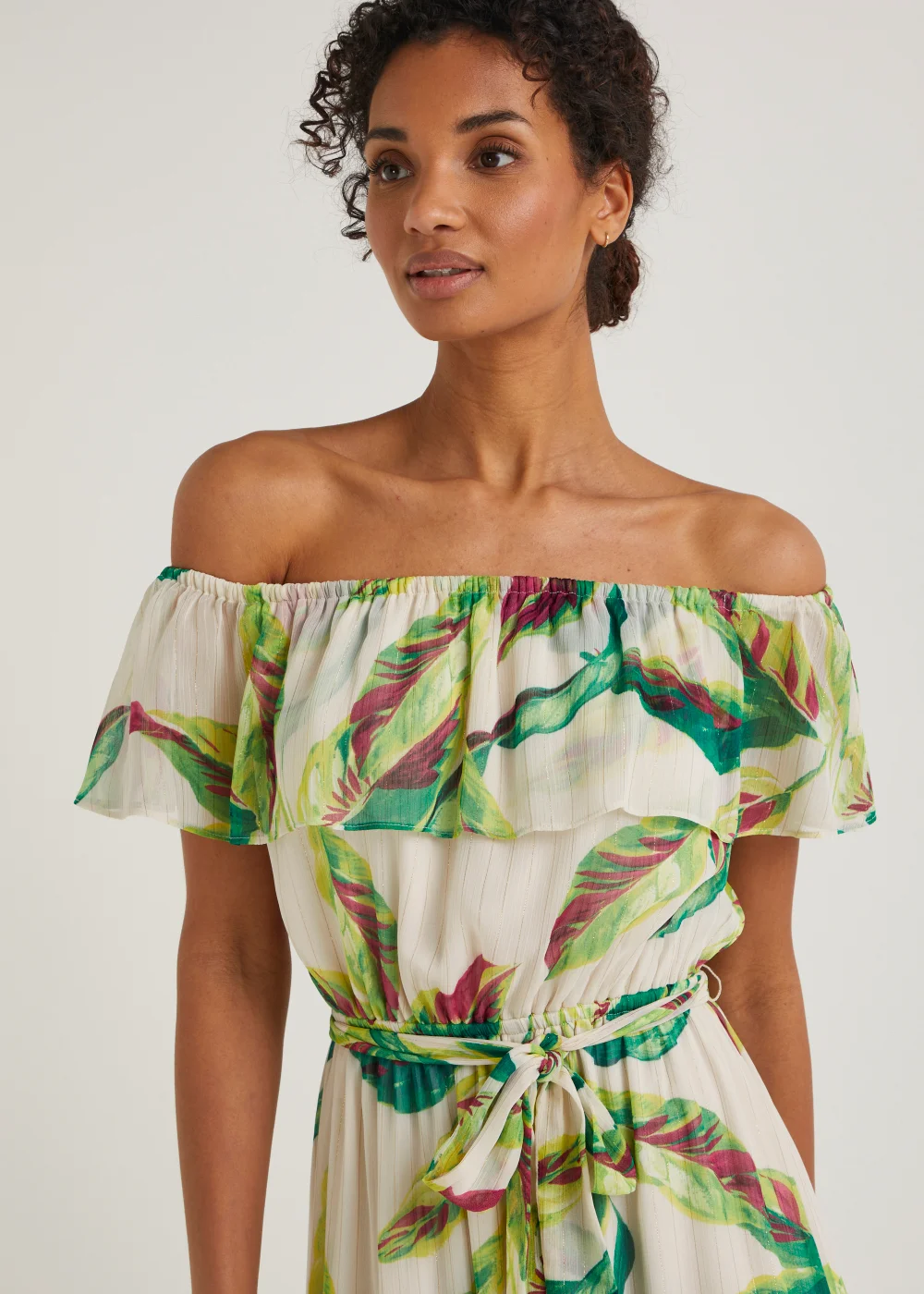 Et Vous Ivory Leaf Print Bardot Maxi Dress - 8 Image 3