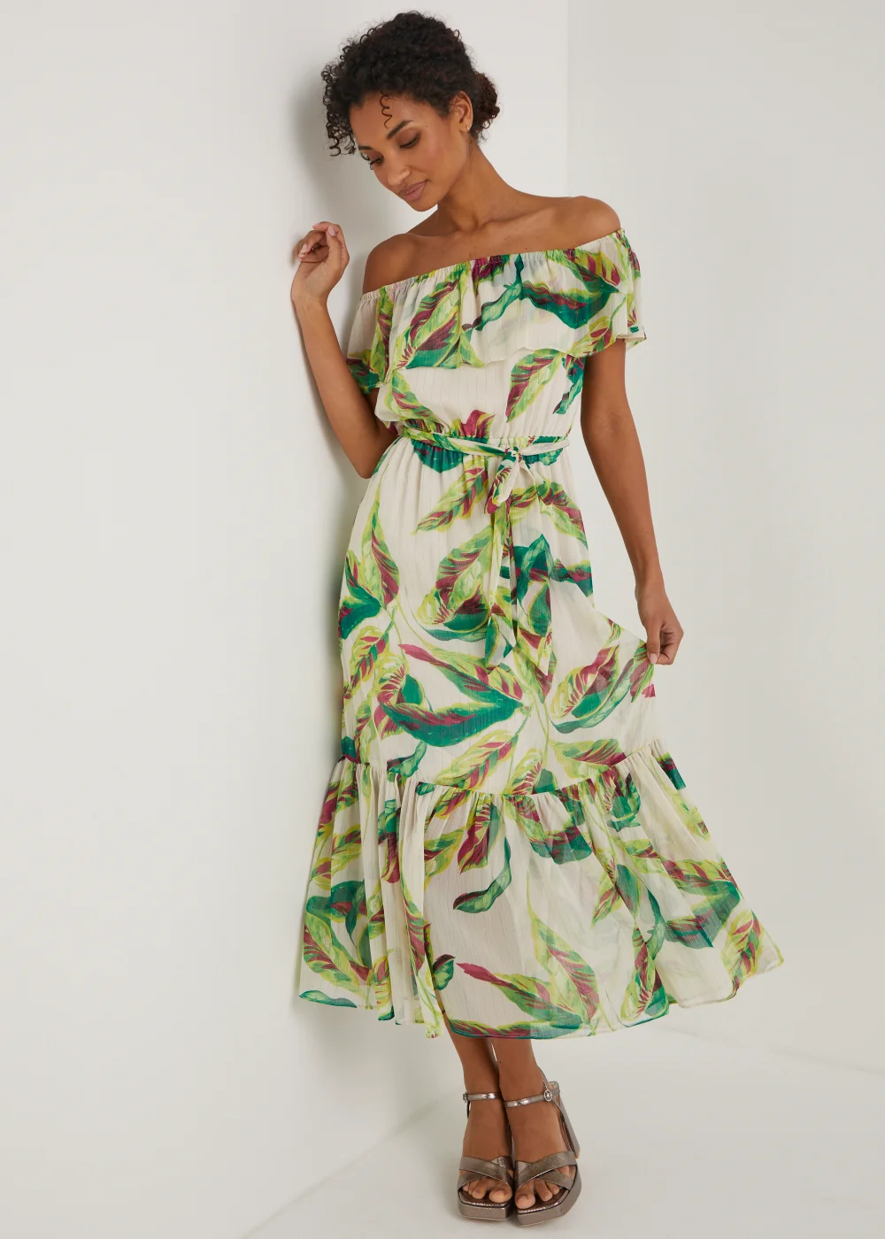 Et Vous Ivory Leaf Print Bardot Maxi Dress - 8 Image 4