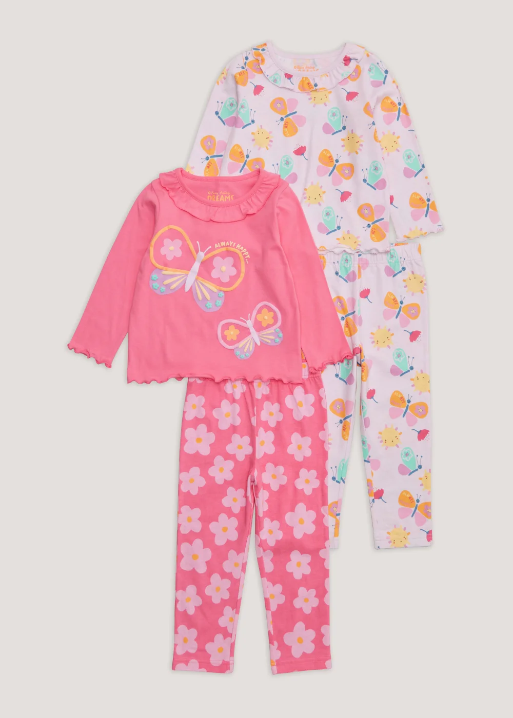 Girls 2 Pack Pink Butterfly Pyjama Sets (9mths-5yrs) - Age 2 - 3 Years Image 1