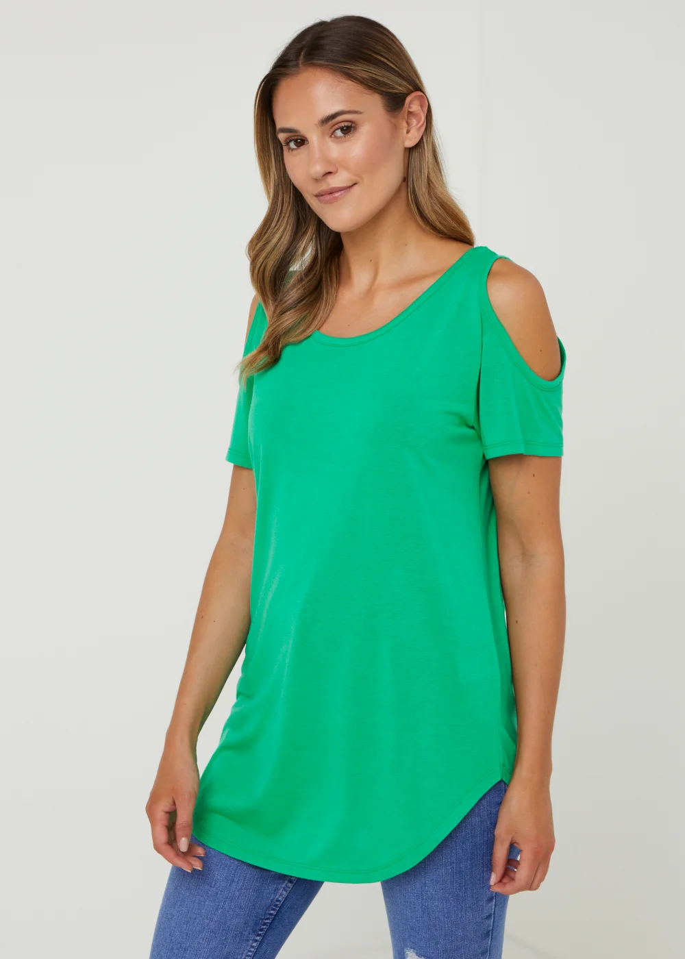 Green Longline Cold Shoulder T-Shirt - Small Image 1