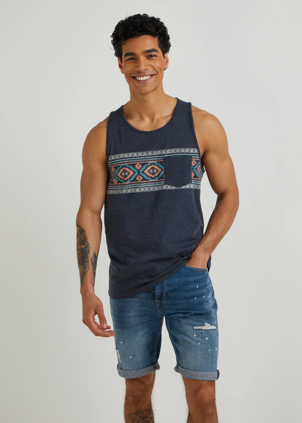 Navy Aztec Panel Vest Top - Small Image 1