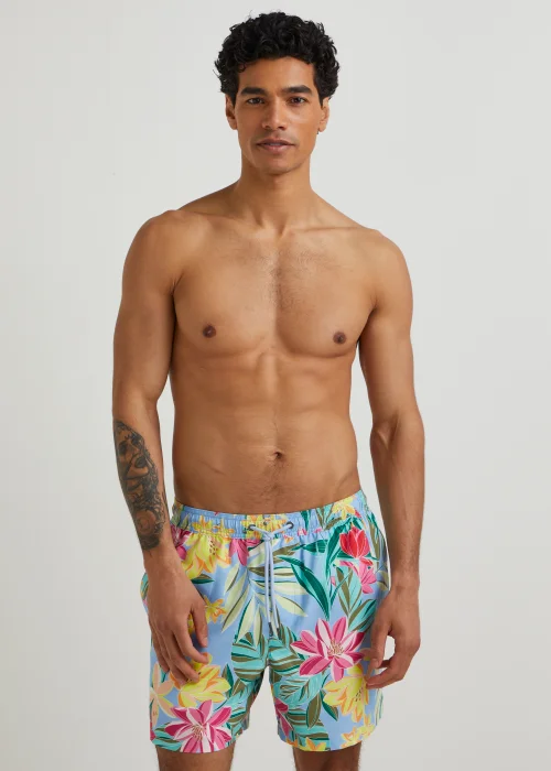 Blue Tropical Floral Swim Shorts - Small Image 1