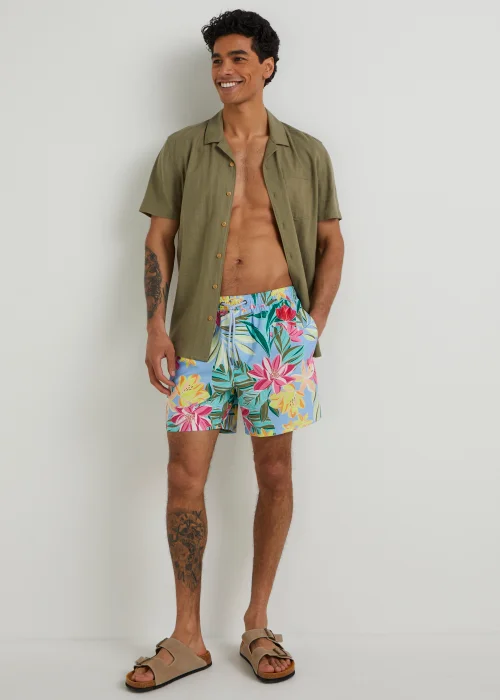 Blue Tropical Floral Swim Shorts - Small Image 3