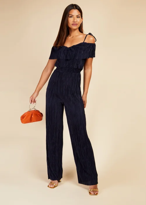 Little Mistress Navy Plisse Cold Shoulder Jumpsuit - 8 Image 1