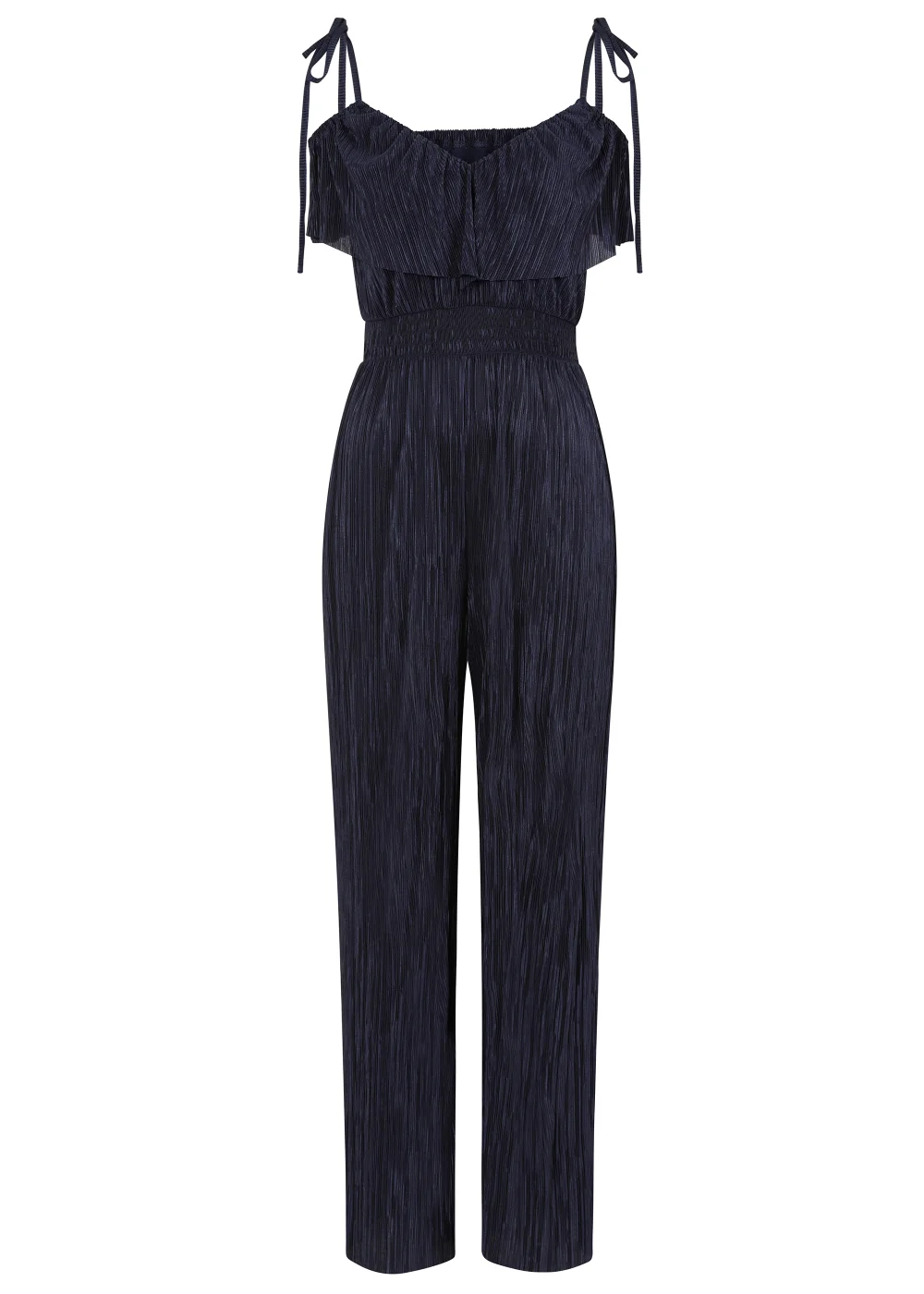 Little Mistress Navy Plisse Cold Shoulder Jumpsuit - 8 Image 5