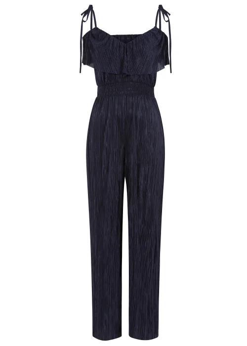 Little Mistress Navy Plisse Cold Shoulder Jumpsuit - 8 Image 5
