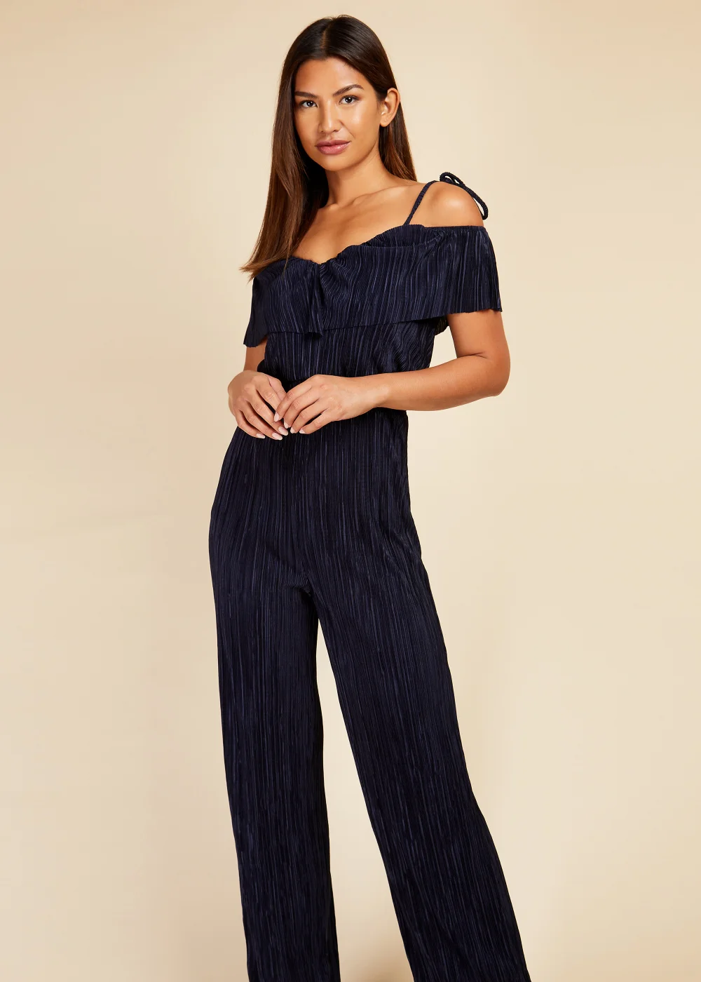 Little Mistress Navy Plisse Cold Shoulder Jumpsuit - 8 Image 4