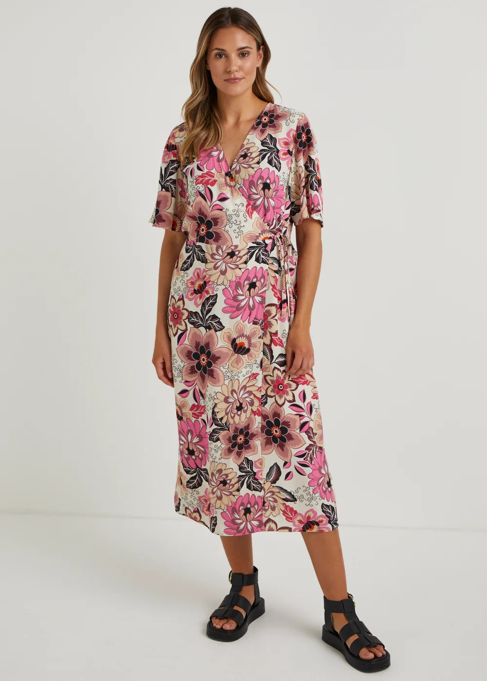 Multicoloured Flower Print Wrap Midi Dress - 8 Image 1