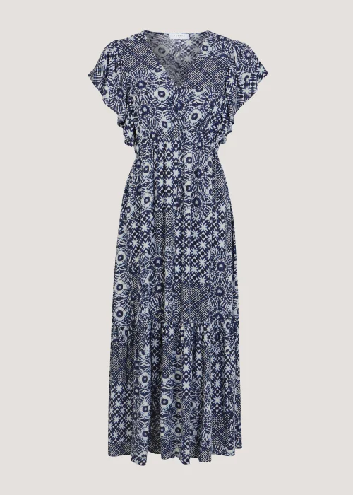 Navy Tile Print Crinkle Midi Dress - 8 Image 5