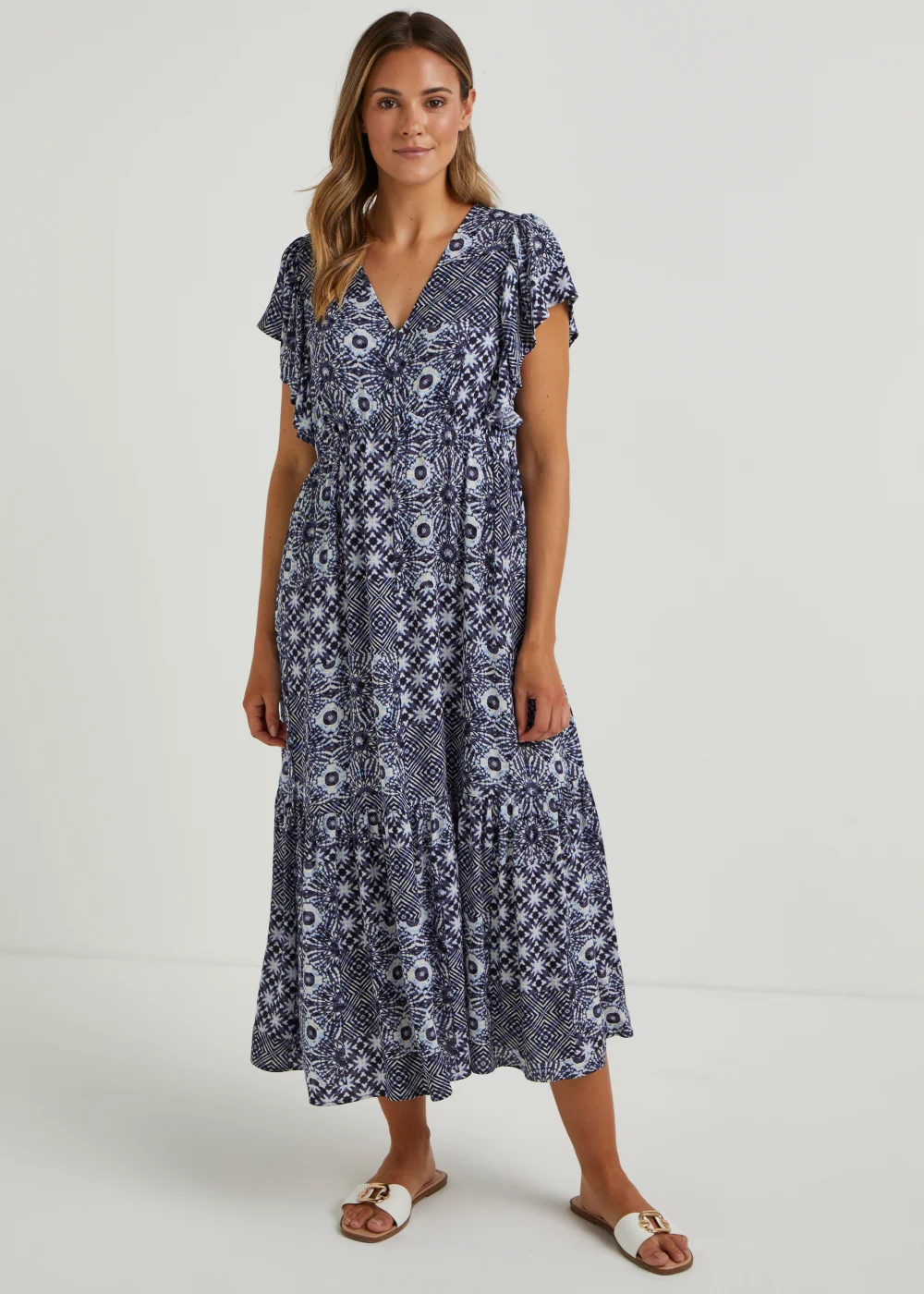 Navy Tile Print Crinkle Midi Dress - 8 Image 1