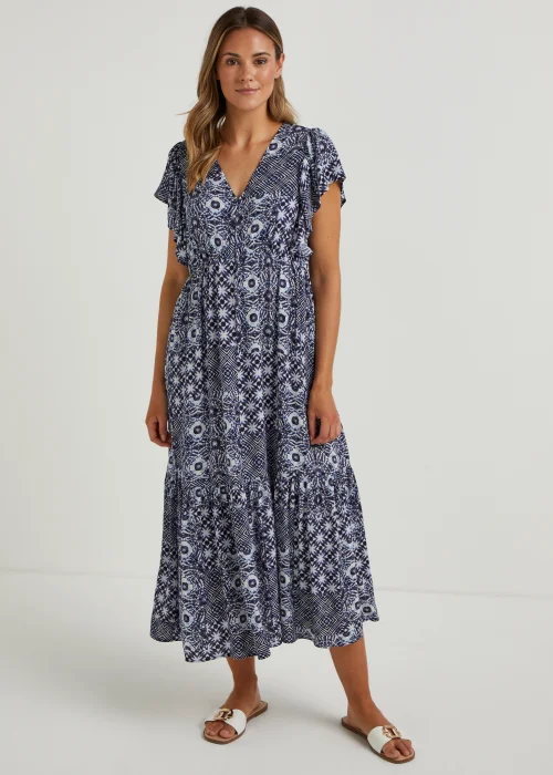 Navy Tile Print Crinkle Midi Dress - 8 Image 1