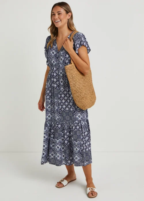 Navy Tile Print Crinkle Midi Dress - 8 Image 4