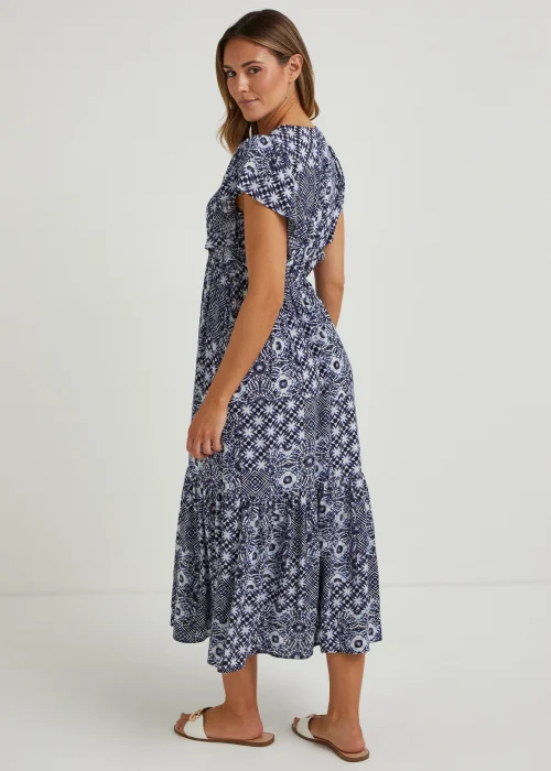 Navy Tile Print Crinkle Midi Dress - 8 Image 2
