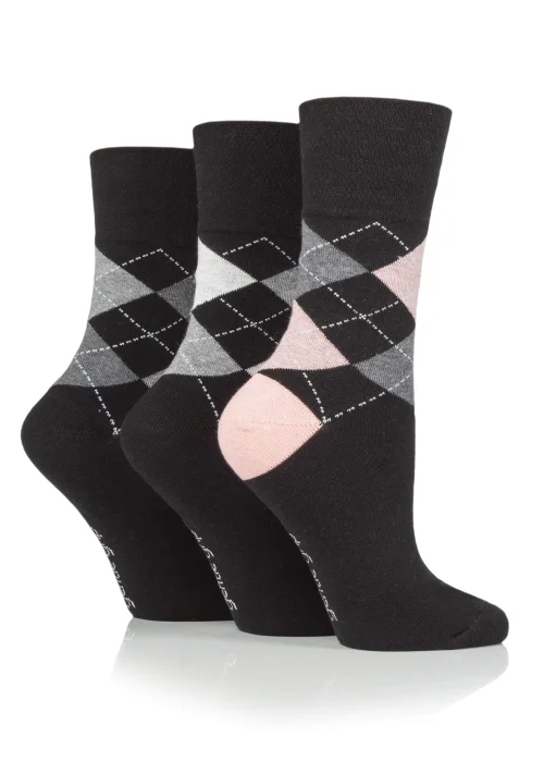 3 Pack Gentle Grip Black Argyle Socks - One Size Image 2