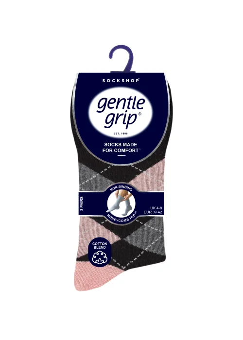 3 Pack Gentle Grip Black Argyle Socks - One Size Image 1
