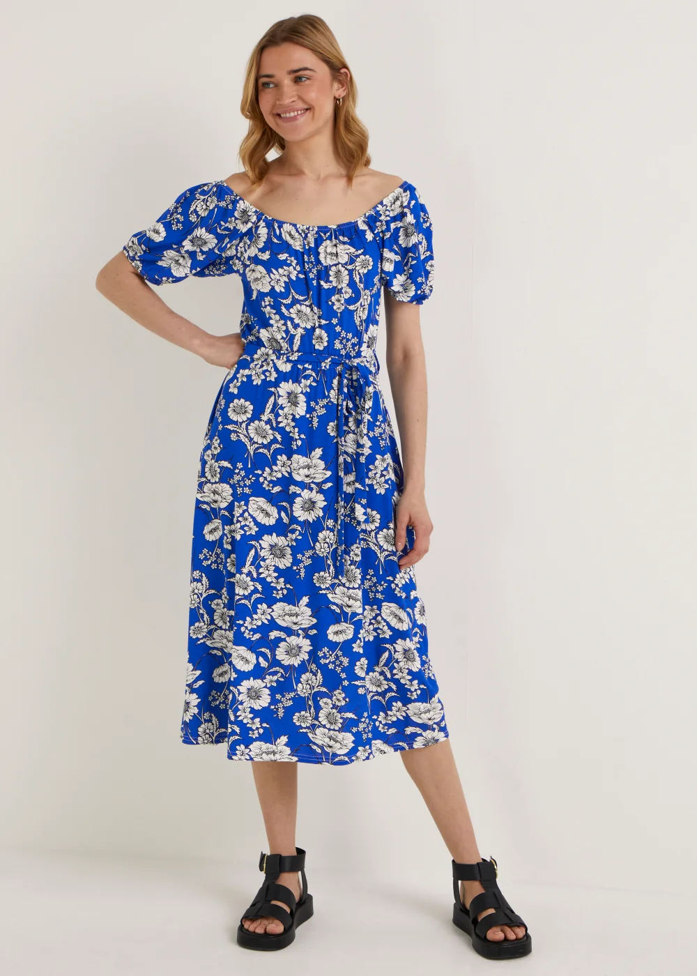 Blue Bardot Floral Midi Dress - 8 Image 1