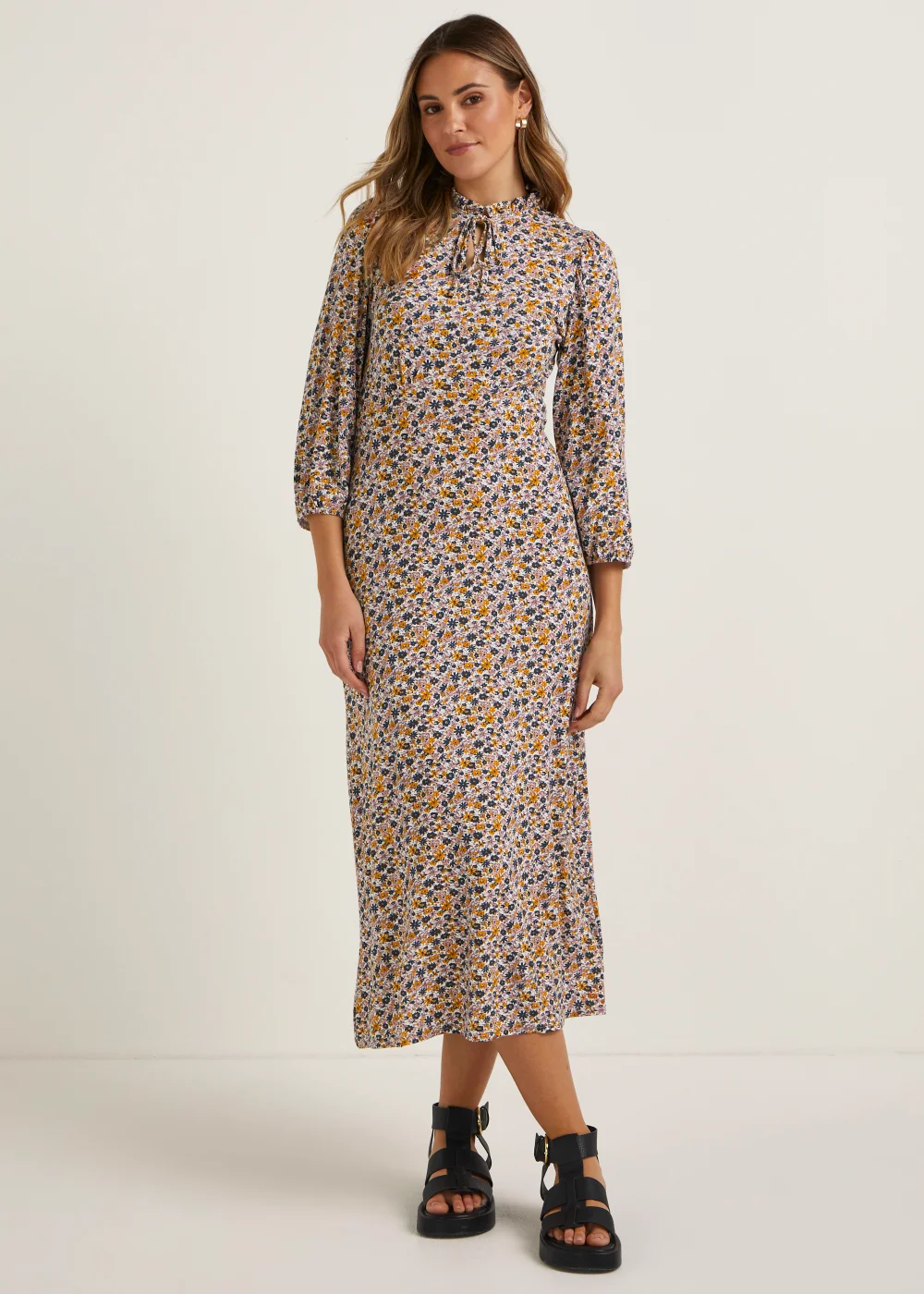 Multicoloured Floral 3/4 Sleeve Midi Dress - 8 Image 1