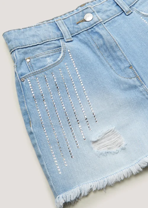 Girls Light Wash Diamante Denim Shorts (4-13yrs) - 8 Yrs Image 2