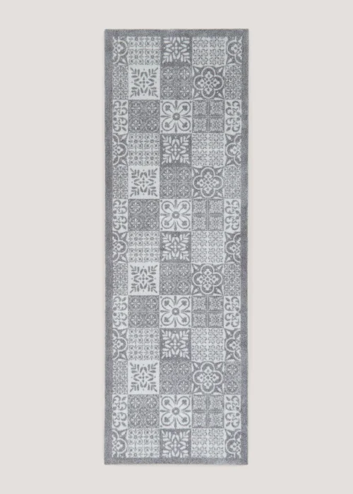 Grey Tile Print Runner Washable Muddle Mat (50cm x 150cm) Image 1