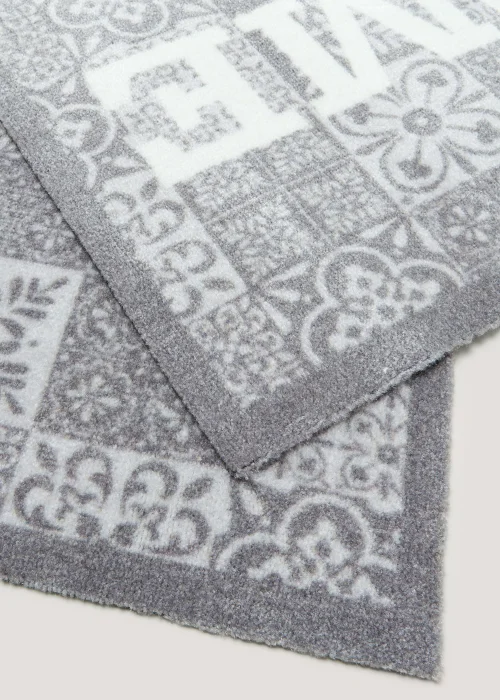 Grey Tile Print Runner Washable Muddle Mat (50cm x 150cm) Image 2