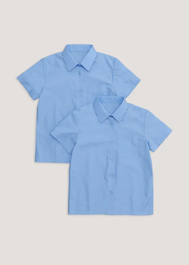 Girls 2 Pack Blue Regular Fit Short Sleeve School Blouses (4-16yrs)