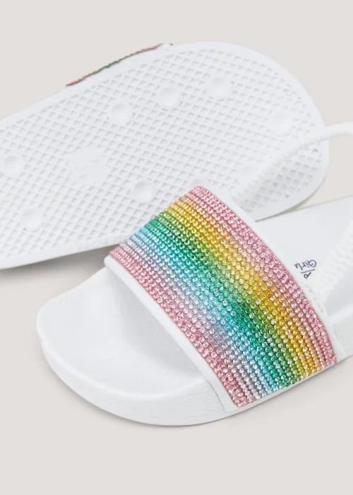 Girls White Rainbow Diamante Sliders (Younger 4-9) - Size 4 Infants Image 2