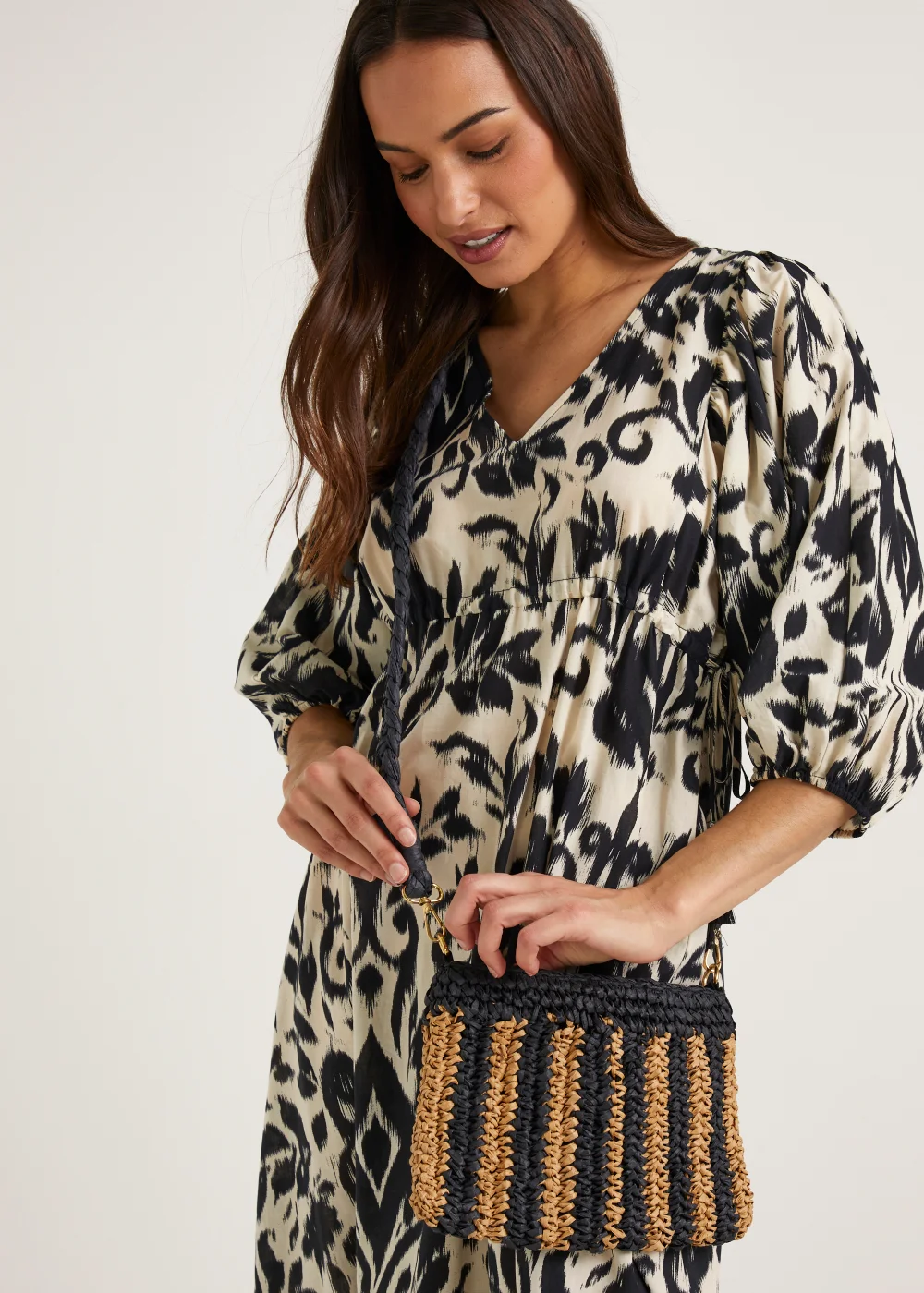 Black & Brown Straw Clutch Bag - One Size Image 1