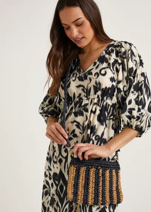 Black & Brown Straw Clutch Bag - One Size Image 1