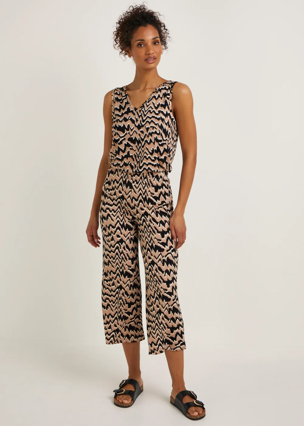 Brown Animal Print Cropped Wide Leg Co-Ord Trousers - Size 8 Image 1